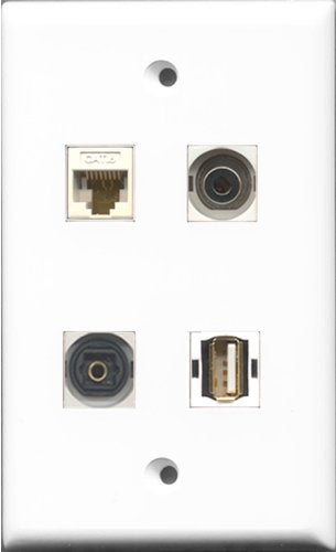 RiteAV 1 Port USB A-A and 1 Port Toslink and 1 Port 3.5mm and 1 Port Cat6 Ethernet White Wall Plate