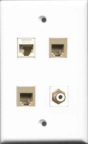 RiteAV 1 Port RCA White 2 Port Phone RJ11 RJ12 Beige and 1 Port Cat6 Ethernet White Wall Plate