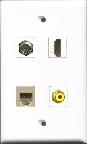 RiteAV 1 Port HDMI and 1 Port RCA Yellow and 1 Port Coax Cable TV- F-Type and 1 Port Phone RJ11 RJ12 Beige Wall Plate