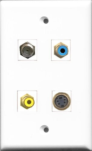 RiteAV 1 Port RCA Yellow and 1 Port RCA Blue and 1 Port Coax Cable TV- F-Type and 1 Port S-Video Wall Plate