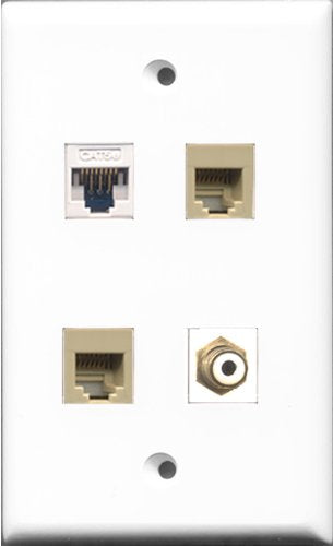 RiteAV 1 Port RCA White 2 Port Phone RJ11 RJ12 Beige and 1 Port Cat5e Ethernet White Wall Plate