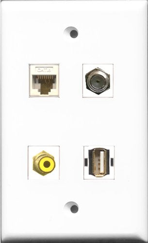 RiteAV 1 Port RCA Yellow and 1 Port Coax Cable TV- F-Type and 1 Port USB A-A and 1 Port Cat6 Ethernet White Wall Plate