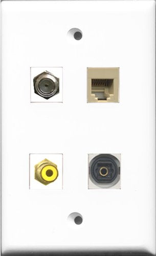 RiteAV 1 Port RCA Yellow and 1 Port Coax Cable TV- F-Type and 1 Port Phone RJ11 RJ12 Beige and 1 Port Toslink Wall Plate