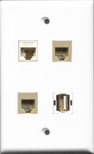 RiteAV 1 Port USB A-A 2 Port Phone RJ11 RJ12 Beige and 1 Port Cat6 Ethernet White Wall Plate