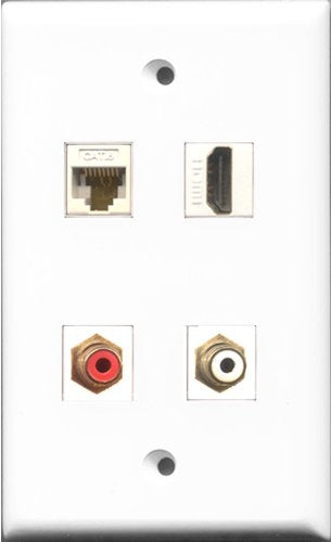 RiteAV 1 Port HDMI and 1 Port RCA Red and 1 Port RCA White and 1 Port Cat6 Ethernet White Wall Plate