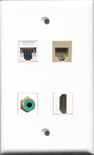 RiteAV 1 Port HDMI and 1 Port RCA Green and 1 Port Phone RJ11 RJ12 Beige and 1 Port Cat5e Ethernet White Wall Plate