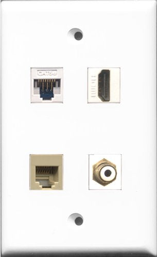 RiteAV - 1 Port HDMI and 1 Port RCA White and 1 Port Phone RJ11 RJ12 Beige and 1 Port Cat5e Ethernet White Wall Plate