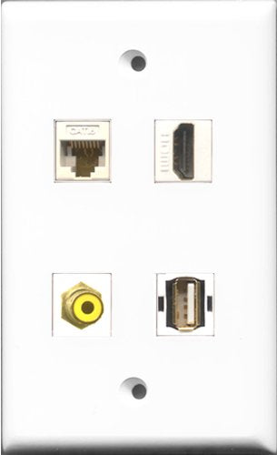 RiteAV 1 Port HDMI and 1 Port RCA Yellow and 1 Port USB A-A and 1 Port Cat6 Ethernet White Wall Plate