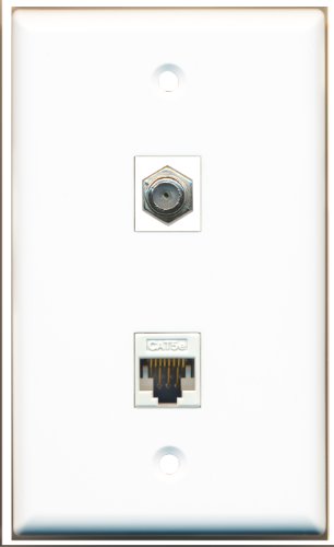 RiteAV - 1 Coax Cable TV F and 1 Cat5e White Ethernet Wall Plate