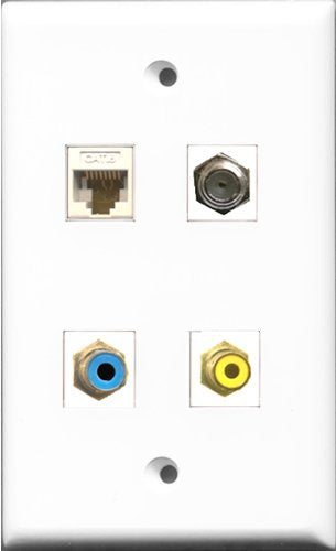 RiteAV 1 Port RCA Yellow and 1 Port RCA Blue and 1 Port Coax Cable TV- F-Type and 1 Port Cat6 Ethernet White Wall Plate