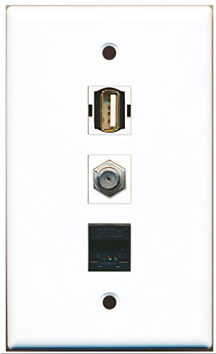 RiteAV - 1 Port Coax Cable TV- F-Type and 1 Port USB A-A and 1 Port Cat5e Ethernet Black Wall Plate