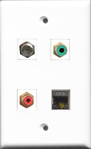 RiteAV 1 Port RCA Red and 1 Port RCA Green and 1 Port Coax Cable TV- F-Type and 1 Port Shielded Cat6 Ethernet Wall Plate