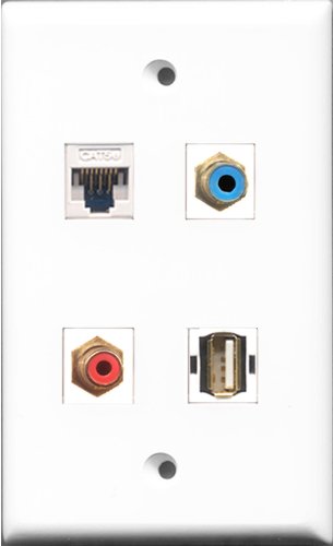 RiteAV 1 Port RCA Red and 1 Port RCA Blue and 1 Port USB A-A and 1 Port Cat5e Ethernet White Wall Plate