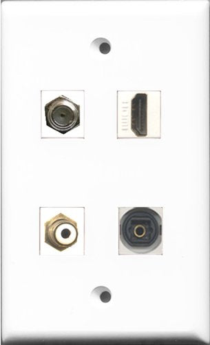 RiteAV 1 Port HDMI and 1 Port RCA White and 1 Port Coax Cable TV- F-Type and 1 Port Toslink Wall Plate