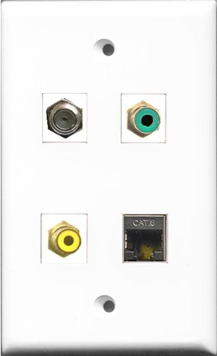 RiteAV 1 Port RCA Yellow and 1 Port RCA Green and 1 Port Coax Cable TV- F-Type and 1 Port Shielded Cat6 Ethernet Wall Plate