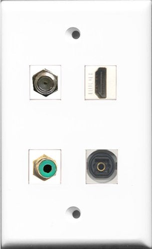 RiteAV 1 Port HDMI and 1 Port RCA Green and 1 Port Coax Cable TV- F-Type and 1 Port Toslink Wall Plate