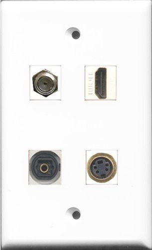 RiteAV 1 Port HDMI and 1 Port Coax Cable TV- F-Type and 1 Port S-Video and 1 Port Toslink Wall Plate