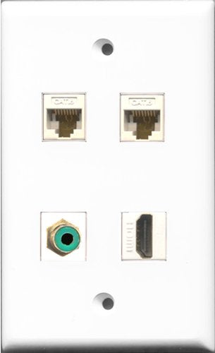 RiteAV 1 Port HDMI and 1 Port RCA Green 2 Port Cat6 Ethernet White Wall Plate