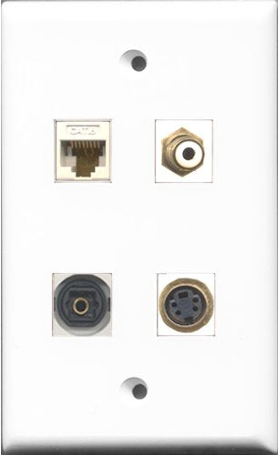 RiteAV 1 Port RCA White and 1 Port S-Video and 1 Port Toslink and 1 Port Cat6 Ethernet White Wall Plate