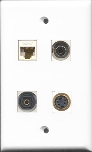 RiteAV 1 Port S-Video and 1 Port Toslink and 1 Port 3.5mm and 1 Port Cat6 Ethernet White Wall Plate