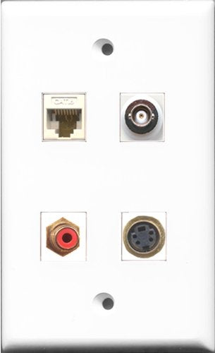 RiteAV 1 Port RCA Red and 1 Port S-Video and 1 Port BNC and 1 Port Cat6 Ethernet White Wall Plate
