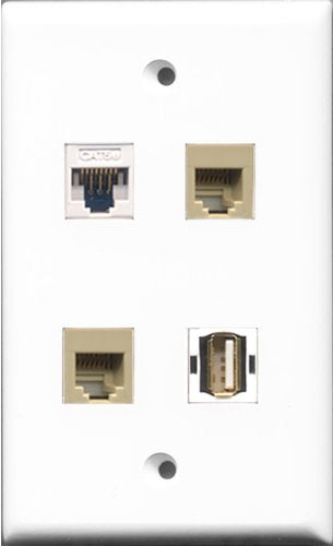 RiteAV 1 Port USB A-A 2 Port Phone RJ11 RJ12 Beige and 1 Port Cat5e Ethernet White Wall Plate