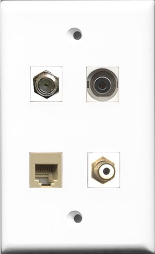 RiteAV 1 Port RCA White and 1 Port Coax Cable TV- F-Type and 1 Port Phone RJ11 RJ12 Beige and 1 Port 3.5mm Wall Plate