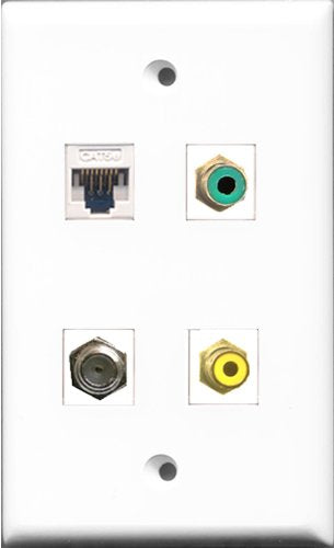 RiteAV 1 Port RCA Yellow and 1 Port RCA Green and 1 Port Coax Cable TV- F-Type and 1 Port Cat5e Ethernet White Wall Plate