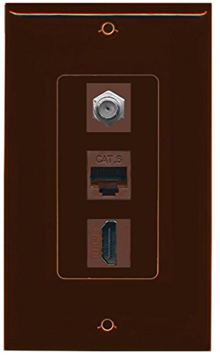 RiteAV Decorative 1 Gang Wall Plate (Brown/Brown) 3 Port - Coax (Brown) Cat6 (Brown) HDMI (Brown) - Brown/Brown