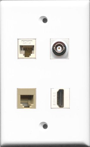 RiteAV 1 Port HDMI and 1 Port Phone RJ11 RJ12 Beige and 1 Port BNC and 1 Port Cat6 Ethernet White Wall Plate