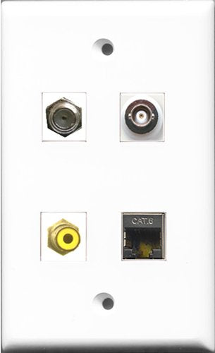 RiteAV 1 Port RCA Yellow and 1 Port Coax Cable TV- F-Type and 1 Port Shielded Cat6 Ethernet and 1 Port BNC Wall Plate