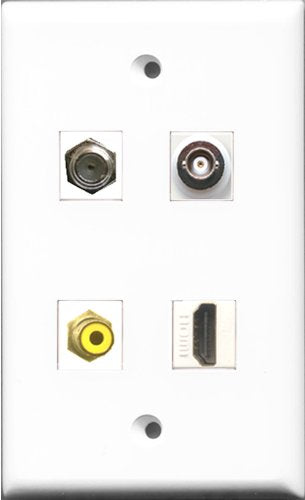 RiteAV 1 Port HDMI and 1 Port RCA Yellow and 1 Port Coax Cable TV- F-Type and 1 Port BNC Wall Plate