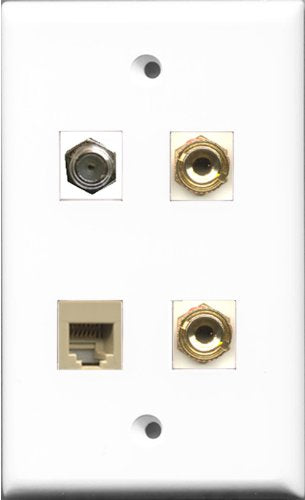 RiteAV 1 Port Coax Cable TV- F-Type and 1 Port Phone RJ11 RJ12 Beige 2 Port Banana Speaker Wall Plate