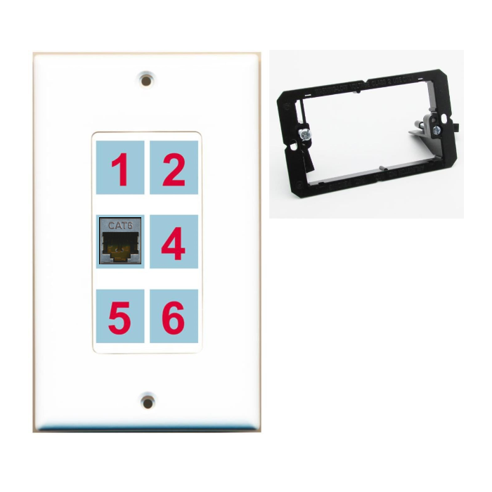6 Port Custom Keystone Wall Plate DecorZ White w/Mounting Bracket