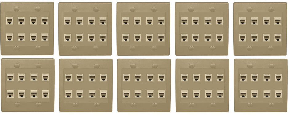 RiteAV 8 Port Flat Dual 2 Gang Ethernet Cat6 RJ45 Network Wall Plate - Ivory (10 Pack)