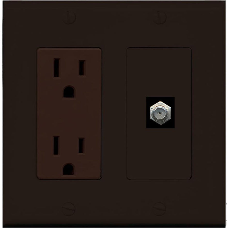 RiteAV - 15 Amp Power Outlet and 1 Port Coax Cable TV- F-Type Decorative Type Wall Plate - Brown