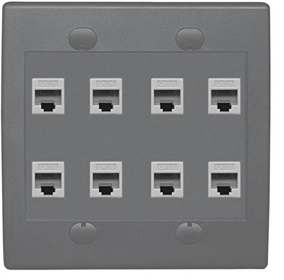 RiteAV 8 Port Flat Dual 2 Gang Ethernet Cat6 RJ45 Network Wall Plate - Gray