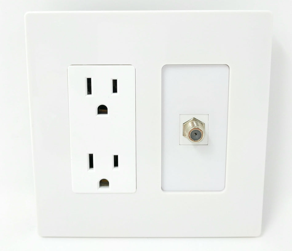 RiteAV - 15 Amp Power Outlet and 1 Port Coax Cable TV- F-Type Decorative Screwless Type Wall Plate - White
