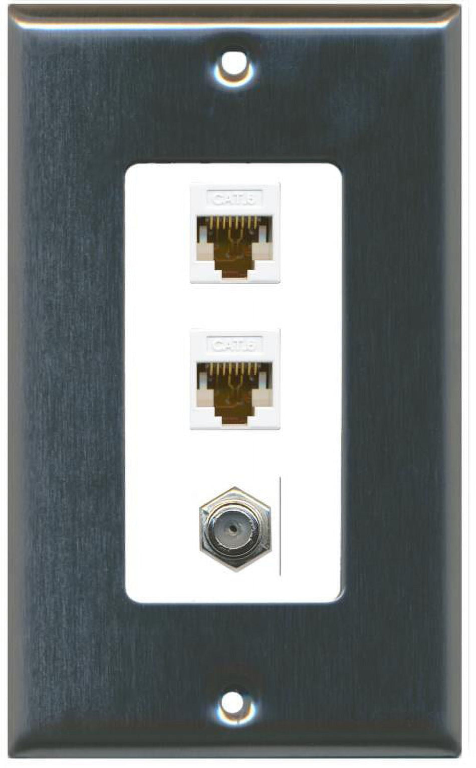 RiteAV Decorative 1 Gang Wall Plate (Stainless Steel/White) 3 Port - 2 x Cat6, 1 x Coax