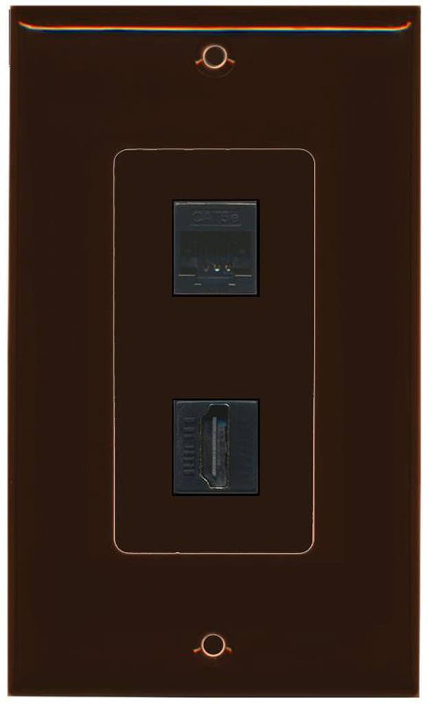 RiteAV Decorative 1 Gang Wall Plate (Brown/Brown) 2 Port - Cat5e (Black) HDMI (Black) - Bracket Included