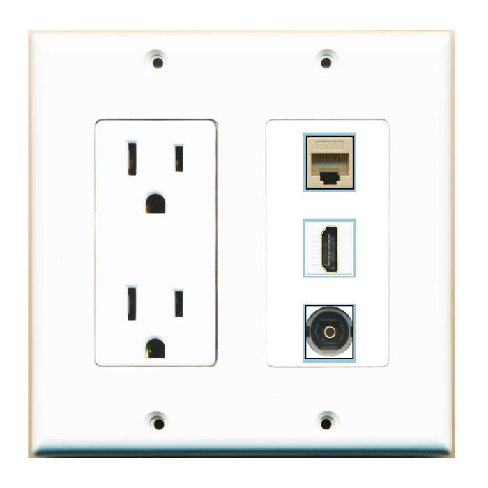 3 Port Custom Keystone Wall Plate w/DecorZ Power Outlet White