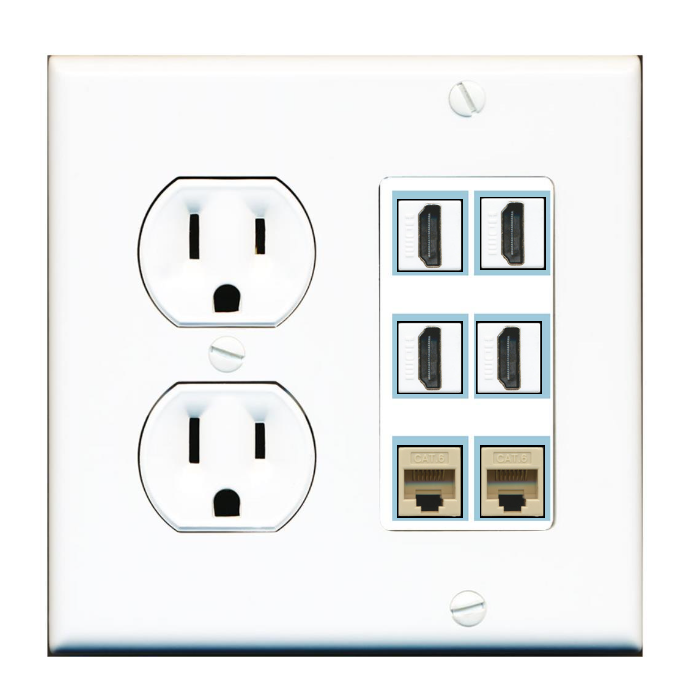 6 Port Custom Keystone Wall Plate w/Round Power Outlet