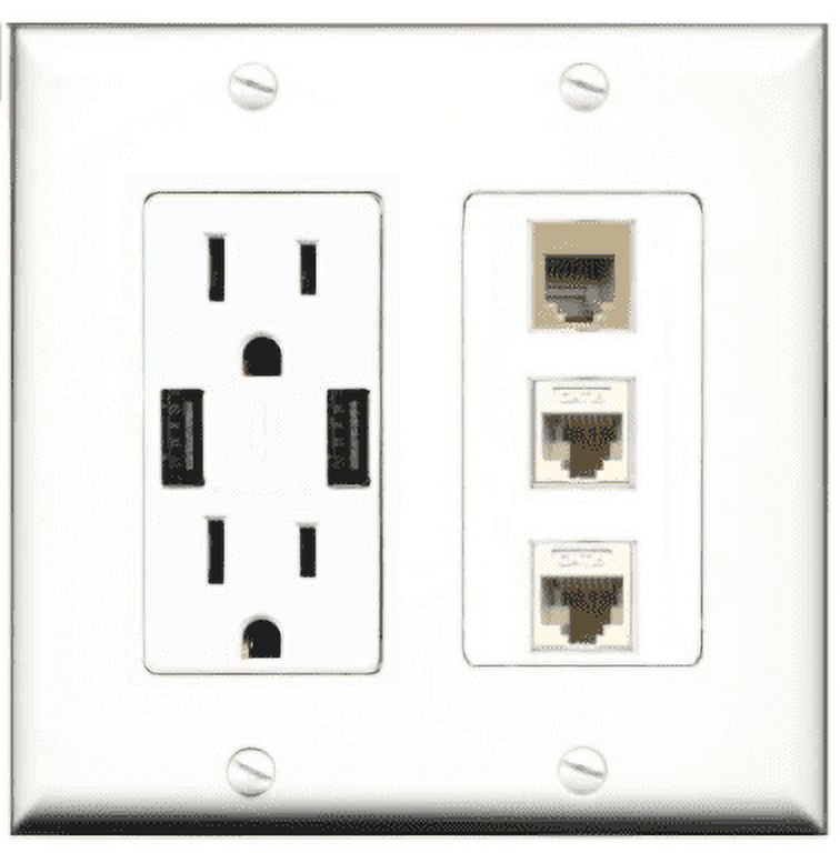 RiteAV USB Charger Outlet 15A/125V with Dual 3.6A USB Charging Ports and 1 Port Phone Beige 2 Port Cat6 Ethernet Decorative White Wall Plate