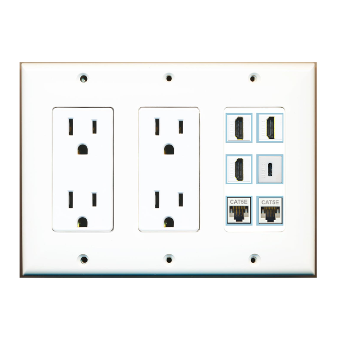 6 Port Custom Keystone Wall Plate w/Dual DecorZ Power Outlet White