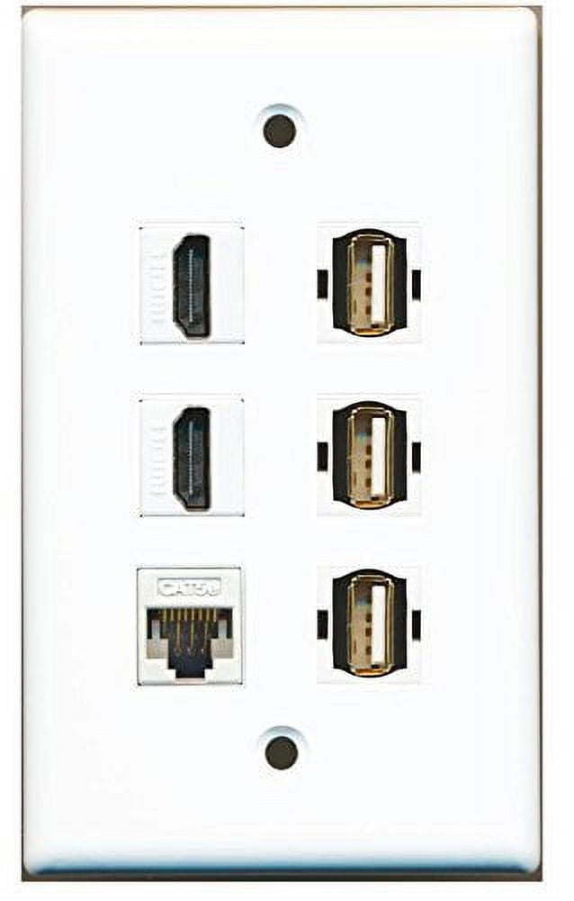 RiteAV 2 HDMI - 1 Cat5e Ethernet White and 3 USB A-A Wall Plate White