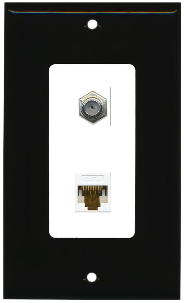RiteAV - 1 Coax Cable TV F and 1 Cat6 Ethernet Wall Plate Decorative - Black & White - Bracket Included