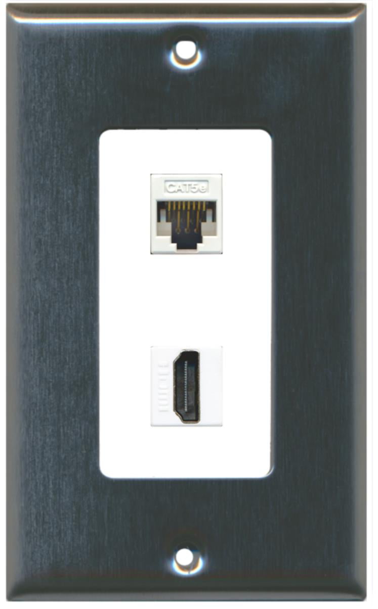 RiteAV - 1 Cat5e Ethernet and 1 HDMI Decorative Wall Plate - Stainless Steel/White - Bracket Included