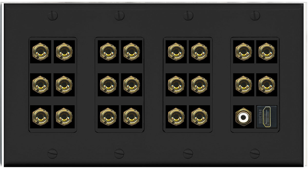 RiteAV 4 Gang 11.1 Surround Sound Speaker Banana Wall Plate with HDMI and RCA Female to Female Connectors - Black