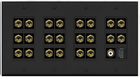 RiteAV 4 Gang 11.1 Surround Sound Speaker Banana Wall Plate with HDMI and RCA Female to Female Connectors - Black