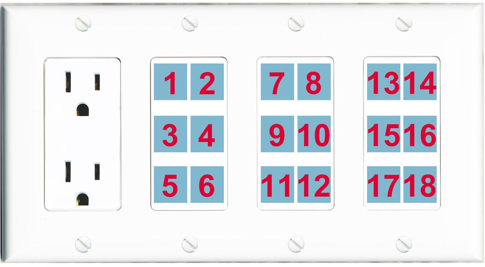 Custom Wall Plate 15 Amp Power Outlet White with up to 18 Keystone Ports